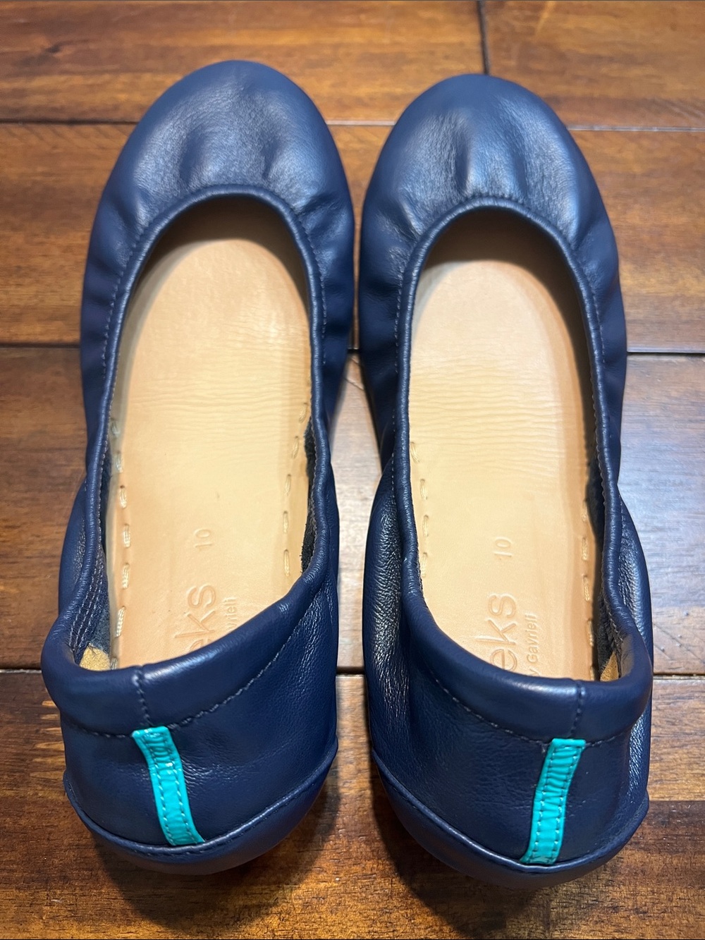 Tieks Navy Leather Ballet Flats with Teal Heel Tab